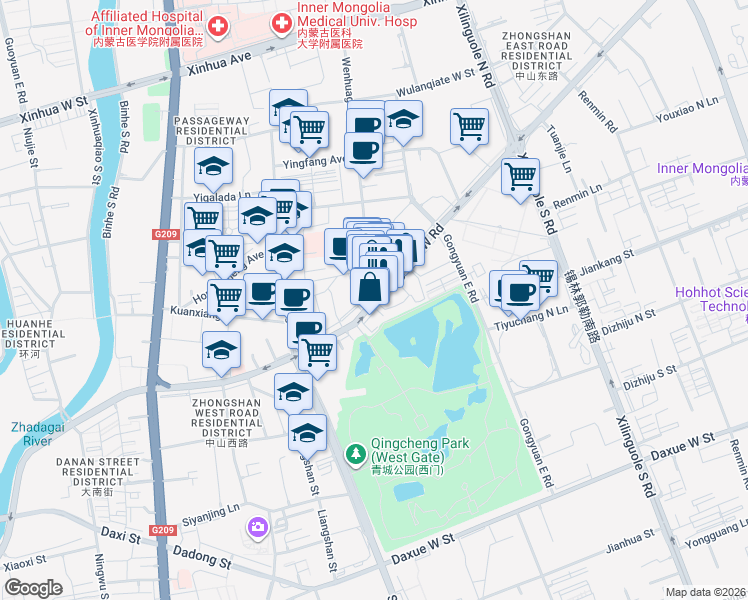 map of restaurants, bars, coffee shops, grocery stores, and more near Zhong Shan Xi Lu in Hu He Hao Te Shi