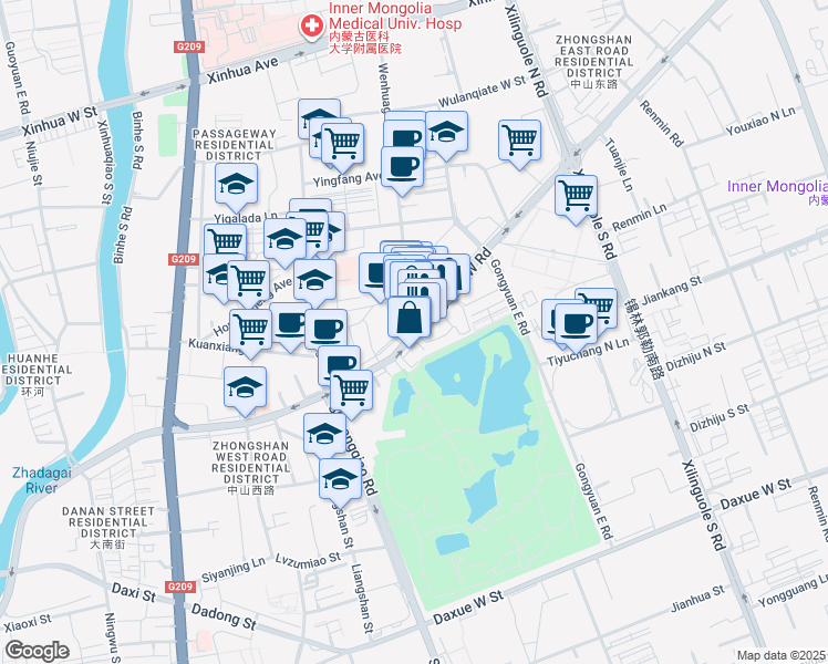 map of restaurants, bars, coffee shops, grocery stores, and more near Zhong Shan Xi Lu in Hu He Hao Te Shi