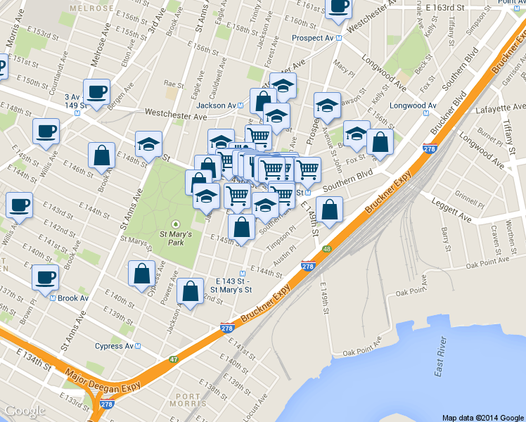 map of restaurants, bars, coffee shops, grocery stores, and more near 540 Tinton Avenue in The Bronx