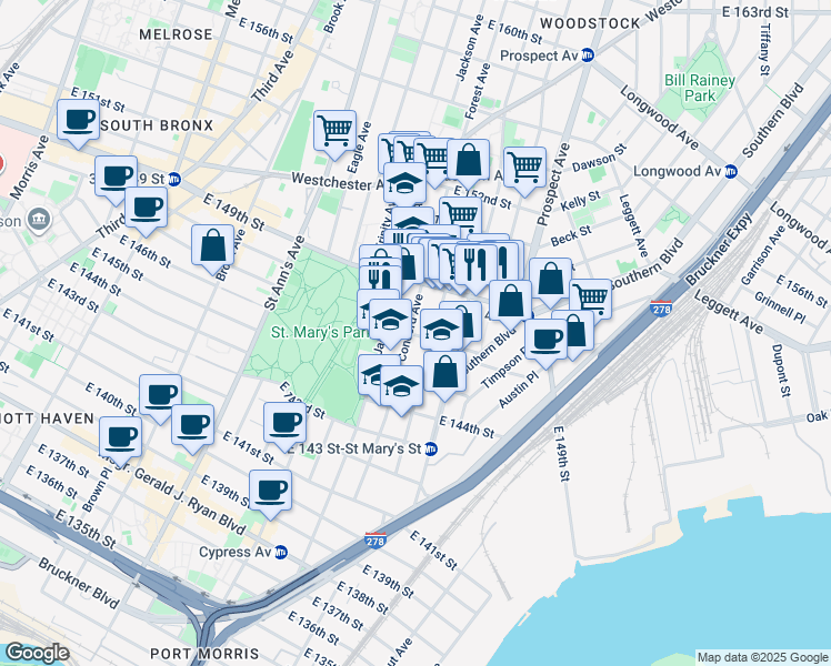 map of restaurants, bars, coffee shops, grocery stores, and more near 764B East 149th Street in The Bronx