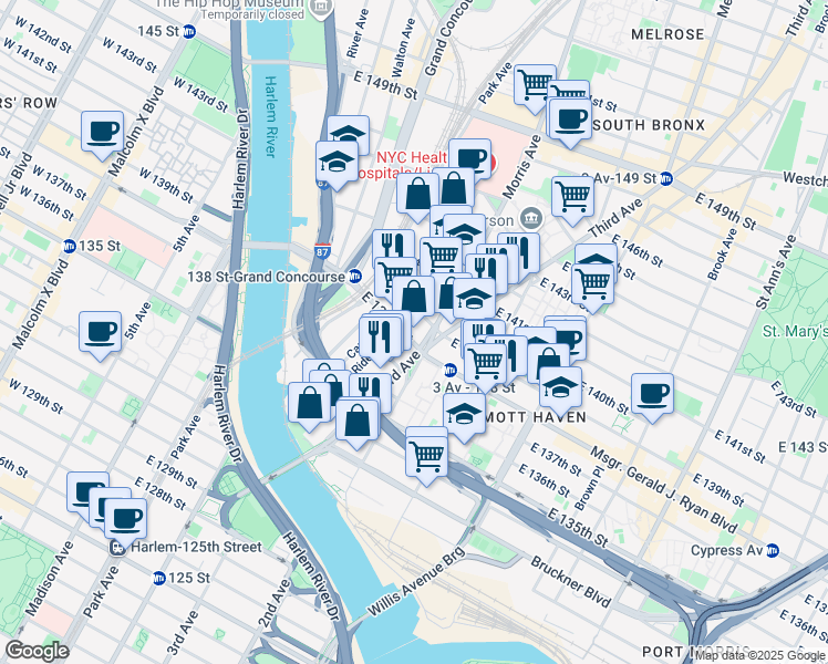 map of restaurants, bars, coffee shops, grocery stores, and more near 270 Rider Avenue in The Bronx