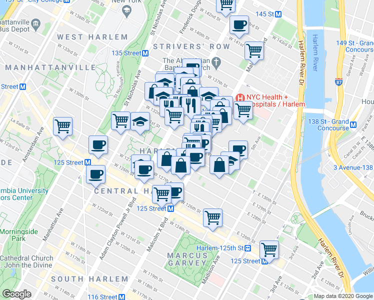 map of restaurants, bars, coffee shops, grocery stores, and more near 126 West 131st Street in New York