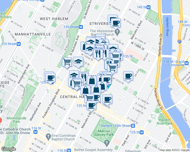 map of restaurants, bars, coffee shops, grocery stores, and more near 2201 Adam Clayton Powell Junior Boulevard in New York