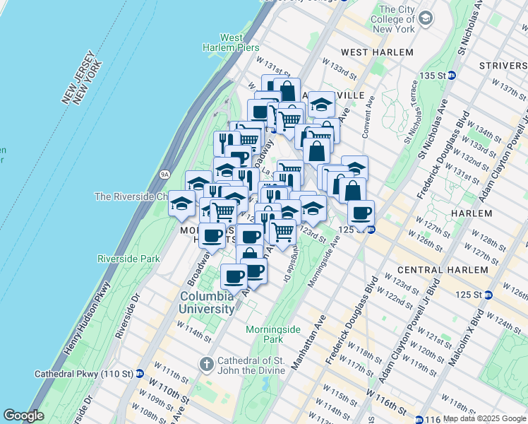 map of restaurants, bars, coffee shops, grocery stores, and more near 501 West 123rd Street in New York