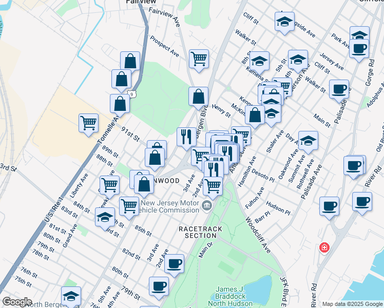 map of restaurants, bars, coffee shops, grocery stores, and more near in Fairview