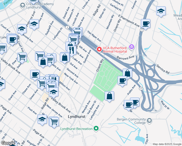 map of restaurants, bars, coffee shops, grocery stores, and more near 720 Lake Avenue in Lyndhurst