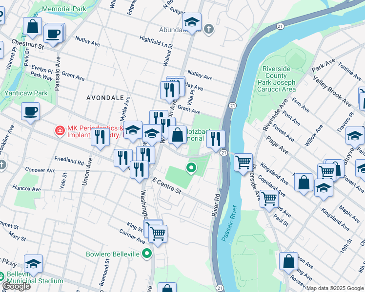 map of restaurants, bars, coffee shops, grocery stores, and more near 26 Humbert Street in Nutley