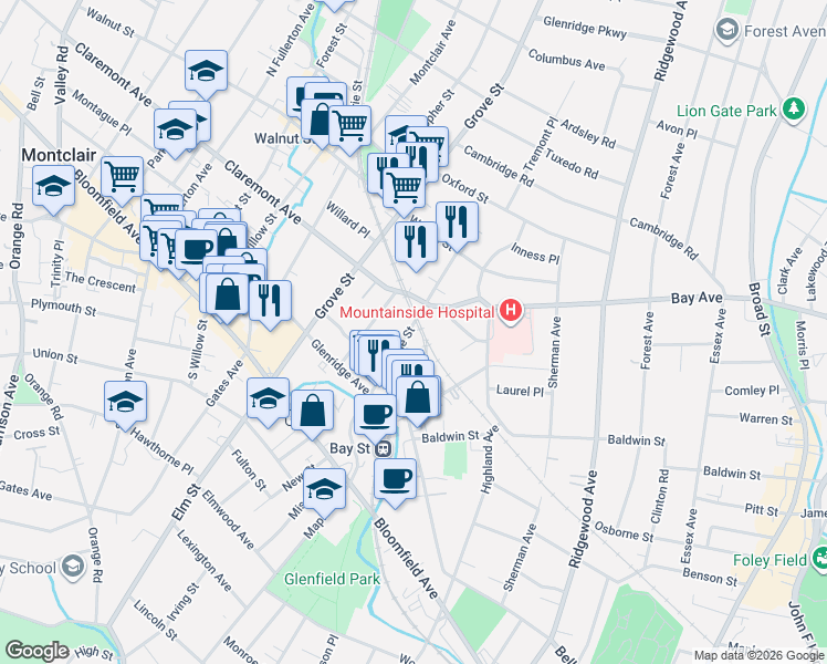 map of restaurants, bars, coffee shops, grocery stores, and more near 112 Pine Street in Montclair