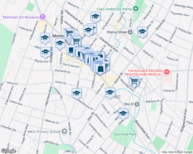map of restaurants, bars, coffee shops, grocery stores, and more near 3 South Willow Street in Montclair
