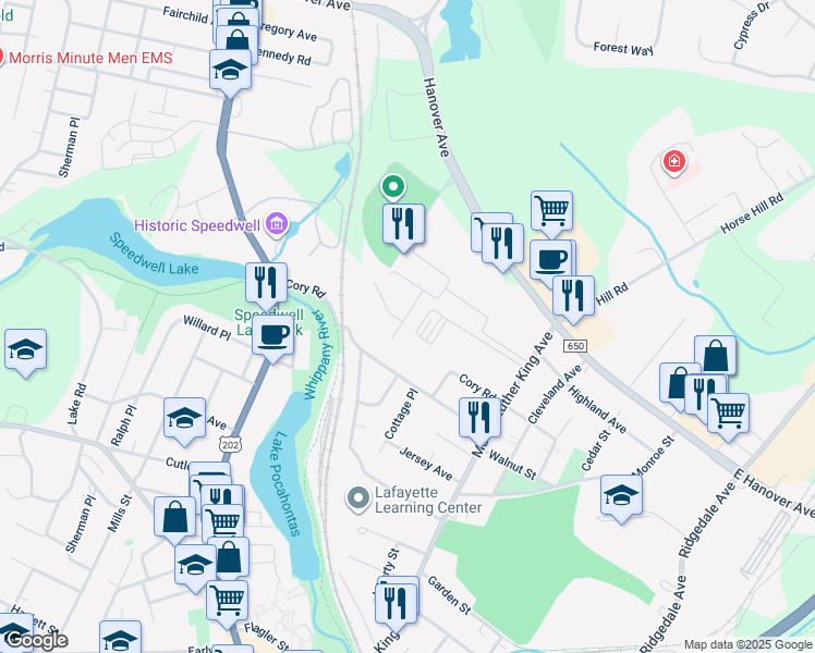 map of restaurants, bars, coffee shops, grocery stores, and more near 54 Gerhard Place in Morristown