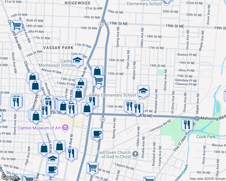 map of restaurants, bars, coffee shops, grocery stores, and more near 1423 Spring Avenue Northeast in Canton