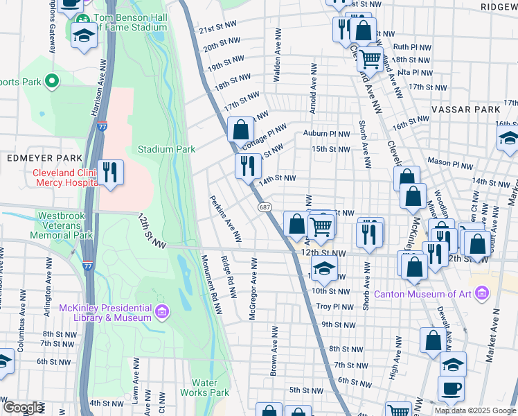 map of restaurants, bars, coffee shops, grocery stores, and more near 1324 Fulton Road Northwest in Canton
