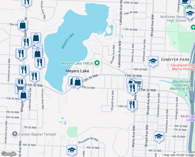 map of restaurants, bars, coffee shops, grocery stores, and more near in Meyers Lake