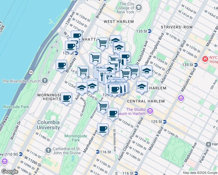 map of restaurants, bars, coffee shops, grocery stores, and more near 145 Morningside Avenue in New York