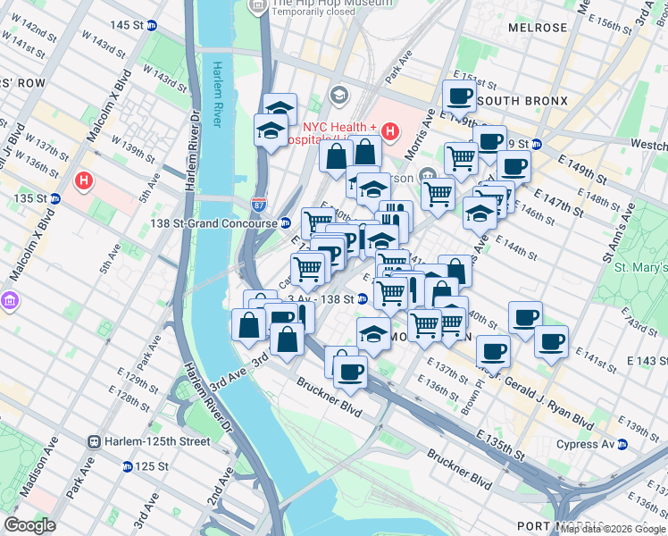 map of restaurants, bars, coffee shops, grocery stores, and more near 270 Rider Avenue in The Bronx