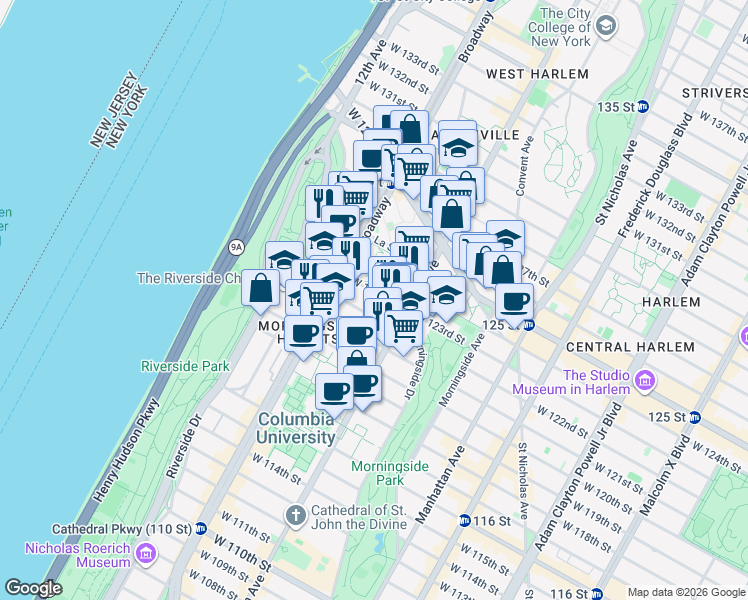 map of restaurants, bars, coffee shops, grocery stores, and more near 501 West 123rd Street in New York