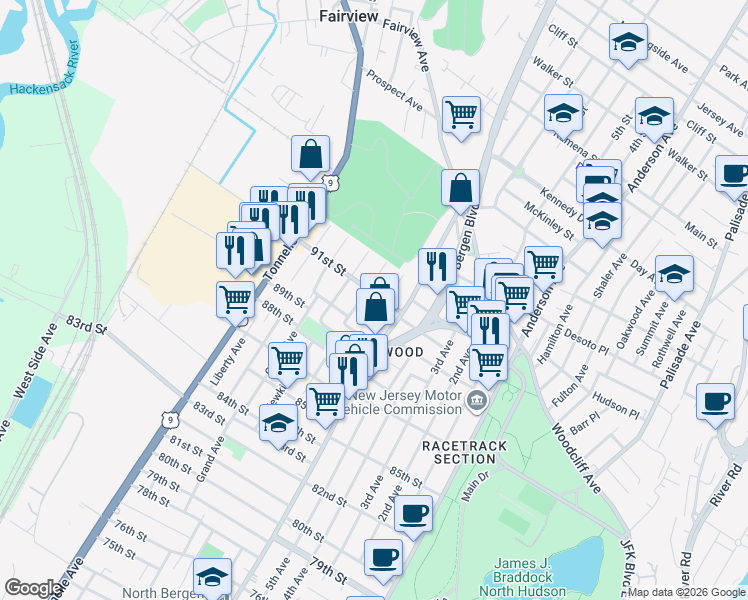 map of restaurants, bars, coffee shops, grocery stores, and more near 1212 91st Street in North Bergen