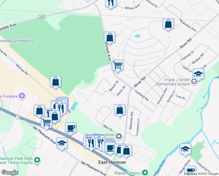map of restaurants, bars, coffee shops, grocery stores, and more near 13 Beach Street in East Hanover