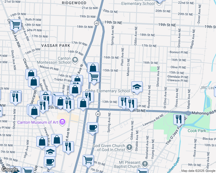 map of restaurants, bars, coffee shops, grocery stores, and more near 1423 Spring Avenue Northeast in Canton