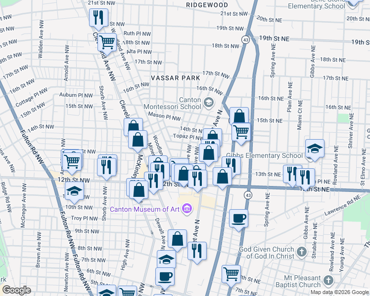 map of restaurants, bars, coffee shops, grocery stores, and more near 1335 Logan Avenue Northwest in Canton