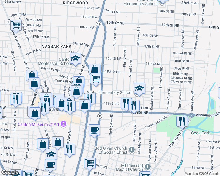 map of restaurants, bars, coffee shops, grocery stores, and more near 1423 Spring Avenue Northeast in Canton
