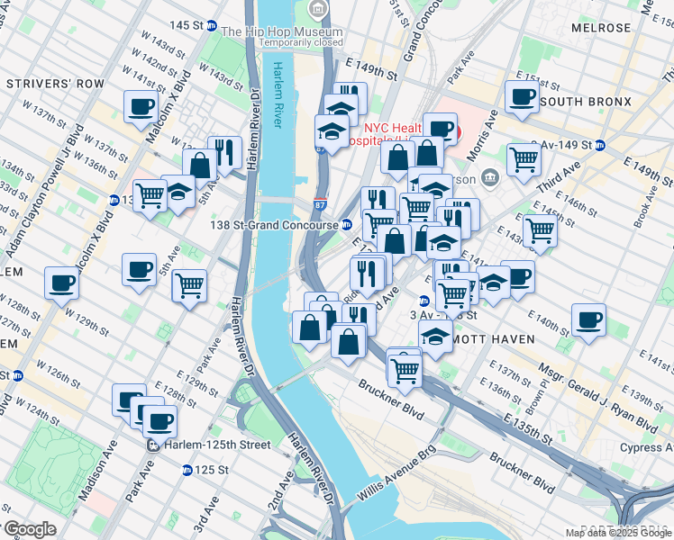 map of restaurants, bars, coffee shops, grocery stores, and more near 110 East 138th Street in The Bronx