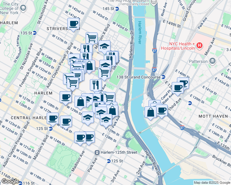 map of restaurants, bars, coffee shops, grocery stores, and more near Madison Avenue in New York