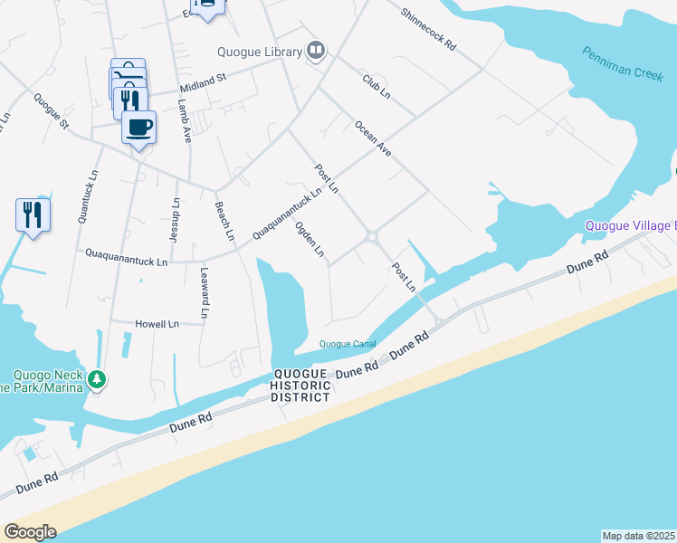 map of restaurants, bars, coffee shops, grocery stores, and more near 6 Niamogue Lane in Quogue