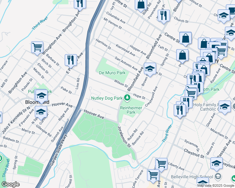 map of restaurants, bars, coffee shops, grocery stores, and more near 23 Milton Avenue in Nutley