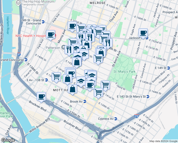 map of restaurants, bars, coffee shops, grocery stores, and more near 463 East 143rd Street in Bronx