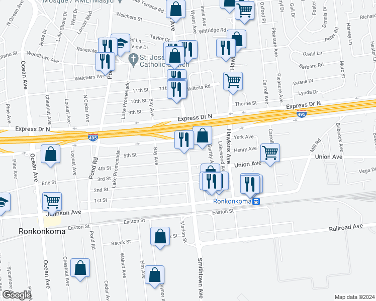 map of restaurants, bars, coffee shops, grocery stores, and more near Ronkonkoma Avenue & 5th Street in Ronkonkoma