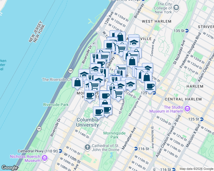 map of restaurants, bars, coffee shops, grocery stores, and more near 501 West 123rd Street in New York