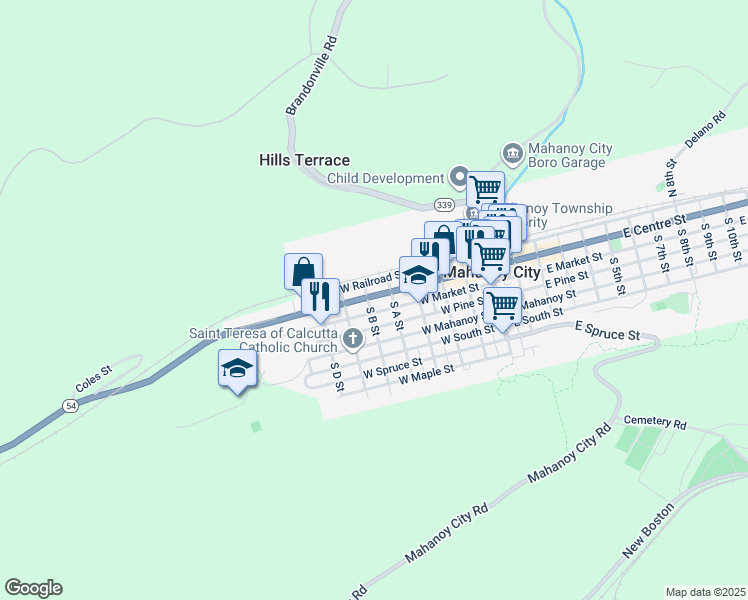 map of restaurants, bars, coffee shops, grocery stores, and more near 432 West Centre Street in Mahanoy City