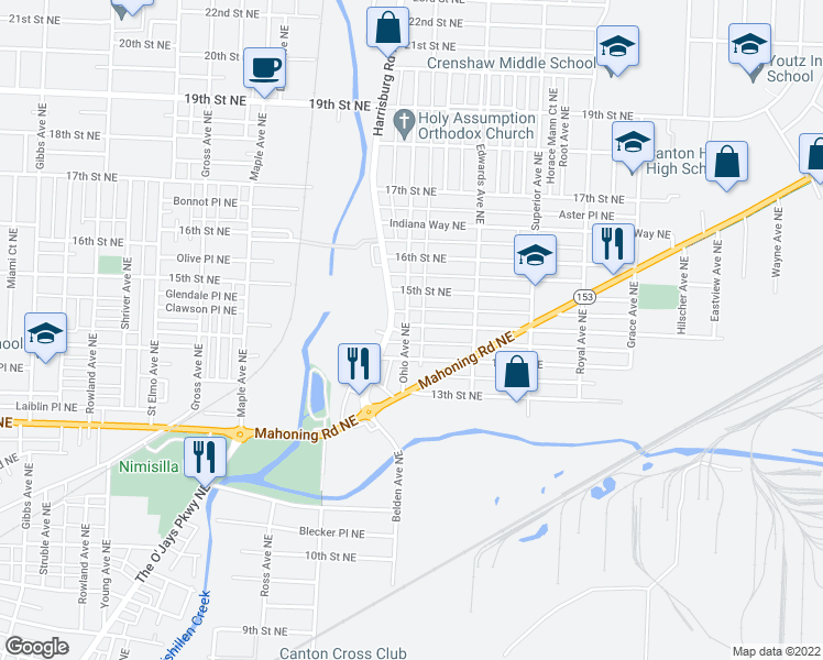 map of restaurants, bars, coffee shops, grocery stores, and more near 1428 Ohio Avenue Northeast in Canton