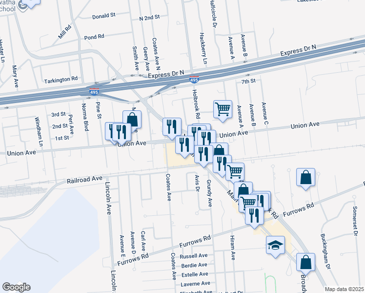 map of restaurants, bars, coffee shops, grocery stores, and more near 300 Main Street in Holbrook