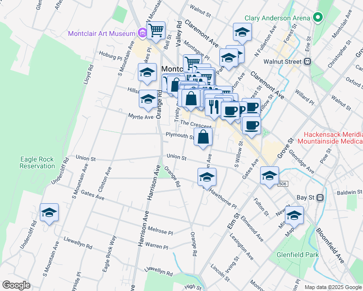 map of restaurants, bars, coffee shops, grocery stores, and more near 14 Wilde Place in Montclair