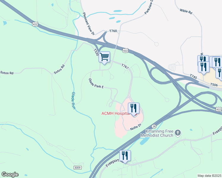 map of restaurants, bars, coffee shops, grocery stores, and more near 1044 Glade Park East in Kittanning