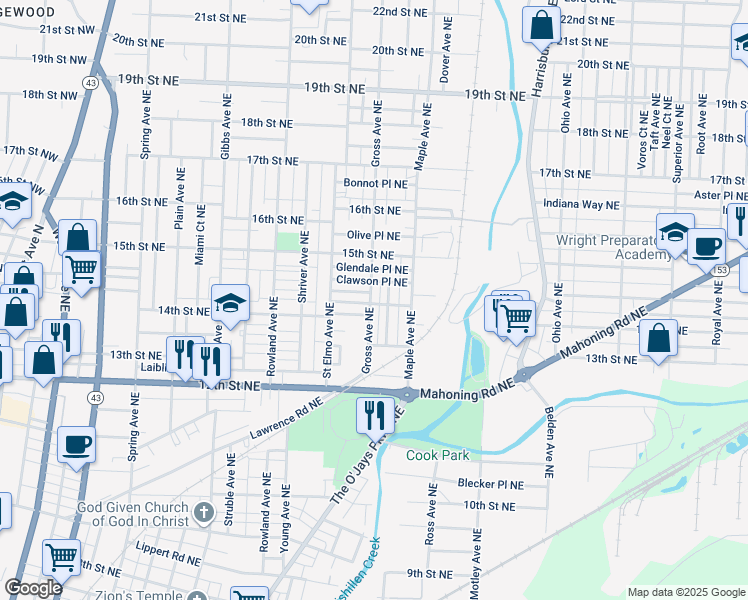 map of restaurants, bars, coffee shops, grocery stores, and more near 1430 Gross Avenue Northeast in Canton