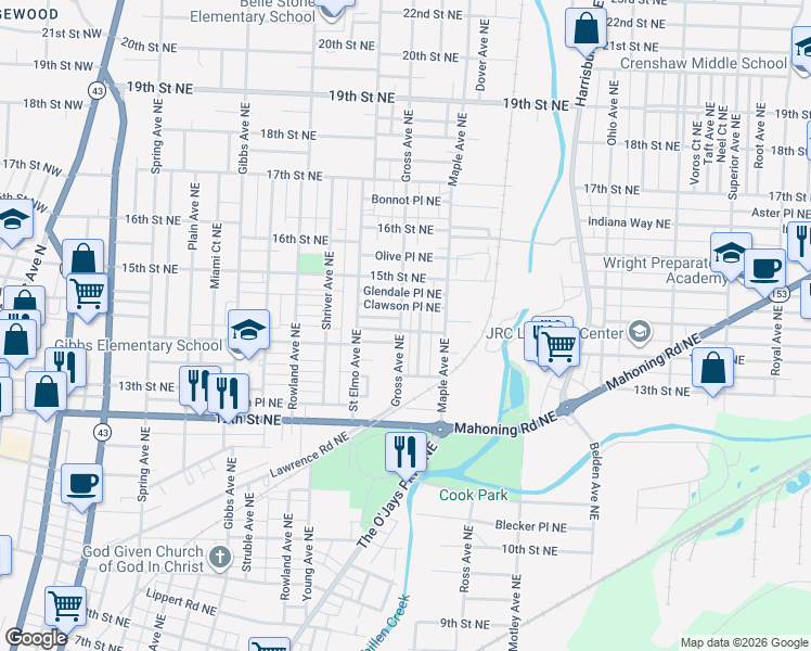 map of restaurants, bars, coffee shops, grocery stores, and more near 1441 Wabash Court Northeast in Canton