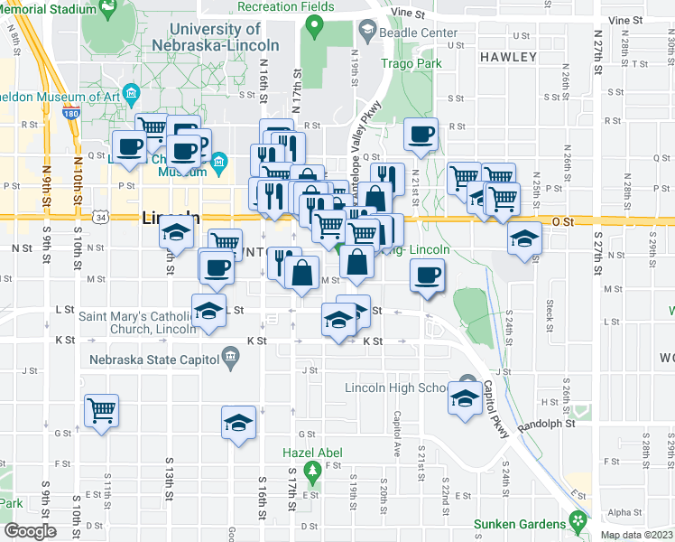 map of restaurants, bars, coffee shops, grocery stores, and more near 1821 N Street in Lincoln