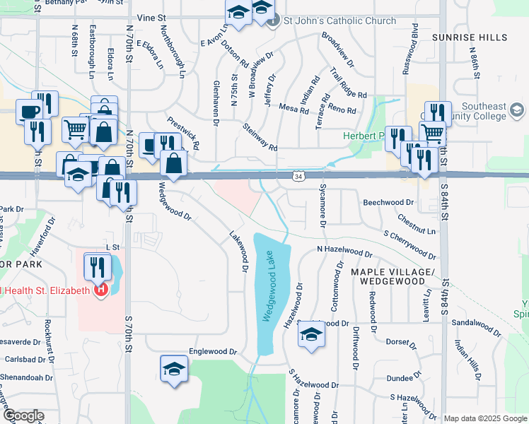 map of restaurants, bars, coffee shops, grocery stores, and more near 7451 Corporate Drive in Lincoln