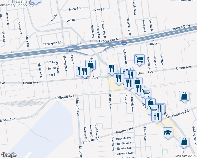 map of restaurants, bars, coffee shops, grocery stores, and more near 280 Union Avenue in Holbrook