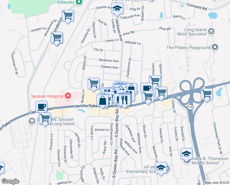 map of restaurants, bars, coffee shops, grocery stores, and more near 295 Jackson Avenue in Syosset