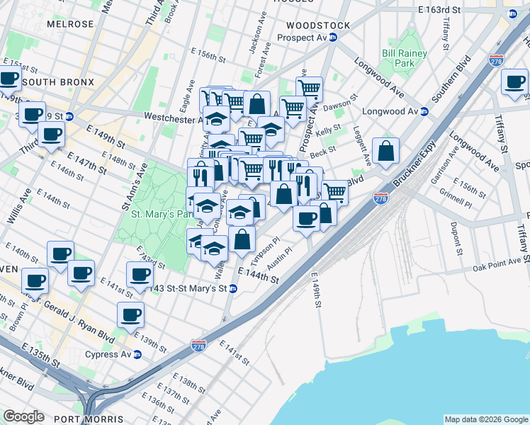 map of restaurants, bars, coffee shops, grocery stores, and more near 540 Tinton Avenue in The Bronx