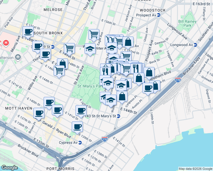 map of restaurants, bars, coffee shops, grocery stores, and more near 501 Jackson Avenue in Bronx
