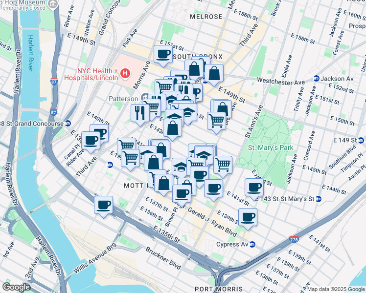 map of restaurants, bars, coffee shops, grocery stores, and more near 416 East 143rd Street in Bronx