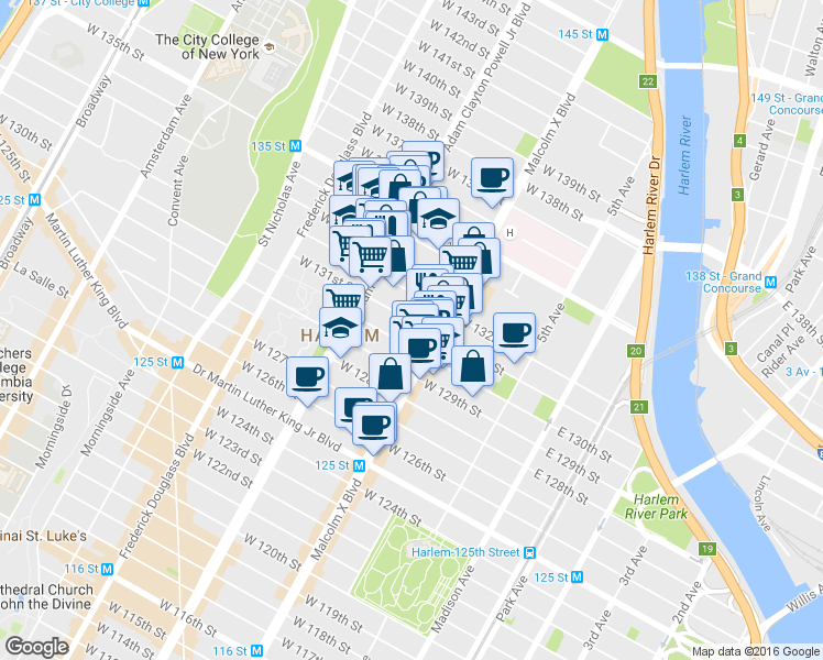 map of restaurants, bars, coffee shops, grocery stores, and more near 126 West 131st Street in New York