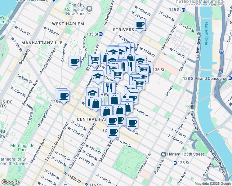 map of restaurants, bars, coffee shops, grocery stores, and more near 2201 Adam Clayton Powell Junior Boulevard in New York