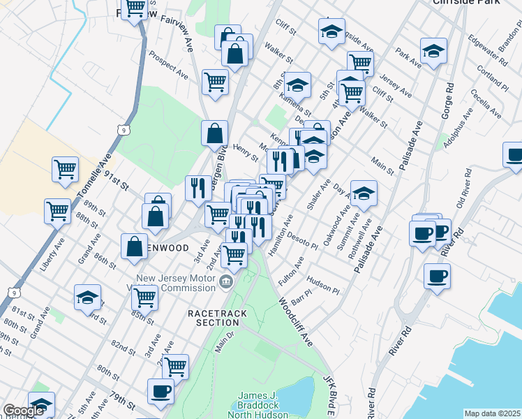 map of restaurants, bars, coffee shops, grocery stores, and more near 49 Grant Street in Fairview