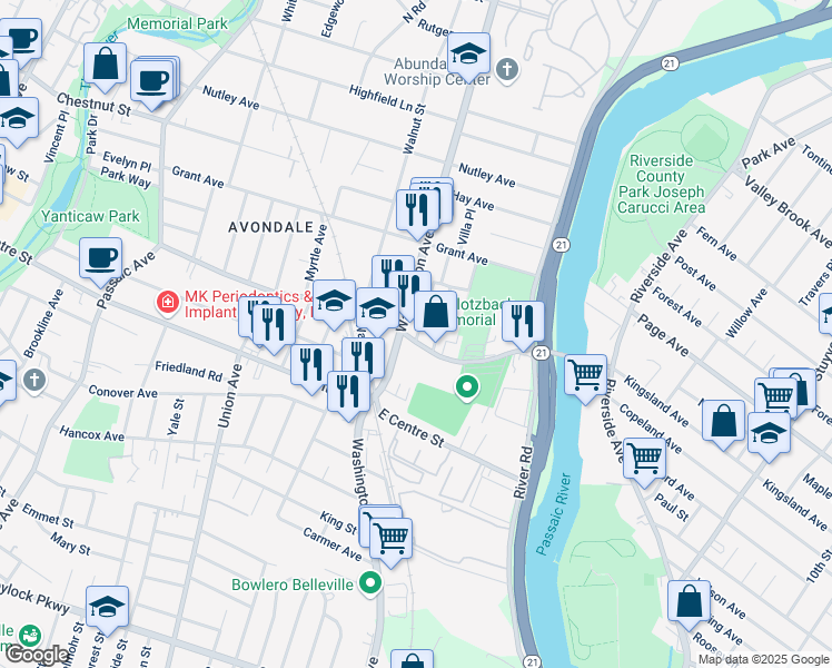 map of restaurants, bars, coffee shops, grocery stores, and more near 154 Washington Avenue in Nutley